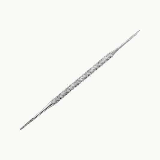 Double-ended stainless steel curved nail file with fine tapered tips and a textured grip for detailed manicure work.