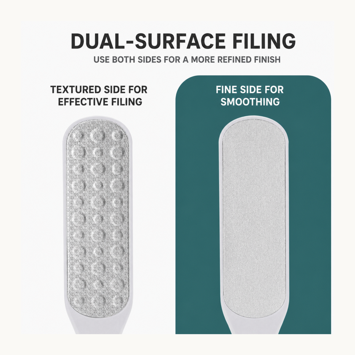 Dual-sided stainless steel foot file featuring a textured filing surface and a fine smoothing surface for a refined pedicure finish.