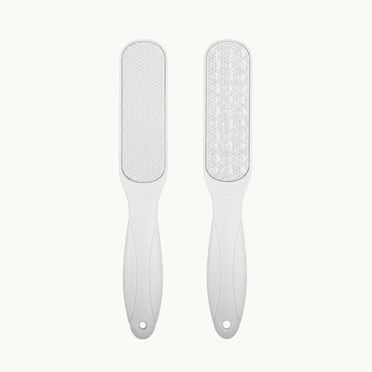 Two white dual-surface foot files shown upright with textured abrasive pads