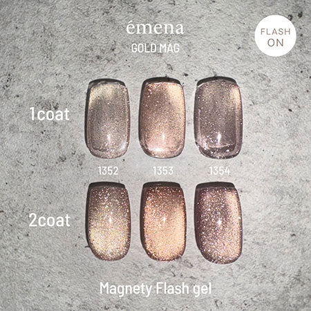emena Magnety Flash Gel shades 1352 to 1354 shown in one and two coats with flash on.
