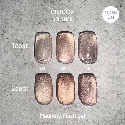 emena Magnety Flash Gel shades 1352 to 1354 shown in one and two coats with flash on.