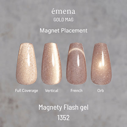 emena Magnety Flash Gel 1352 magnet placement guide showing full coverage, vertical, French and orb effects.