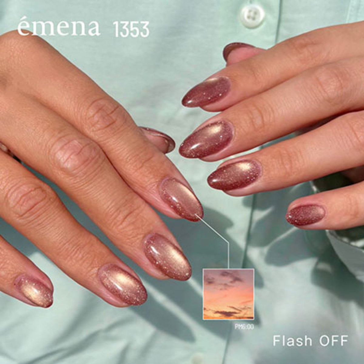 Apricot cat-eye manicure using emena Magnety Flash Gel 1353, inspired by a 6 PM summer sunset.