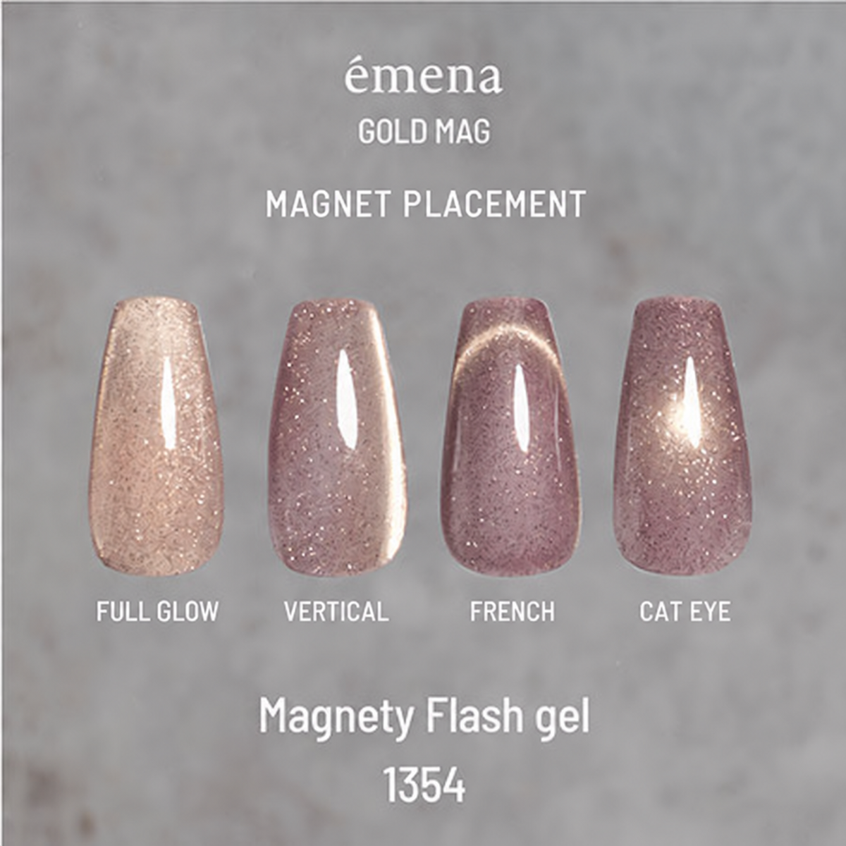Magnet placement guide for emena Magnety Flash Gel 1354 showing full glow, vertical, French and cat eye effects.