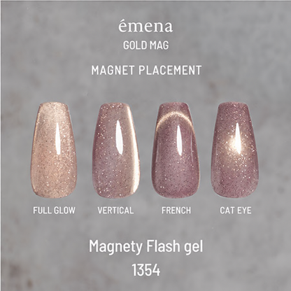 Magnet placement guide for emena Magnety Flash Gel 1354 showing full glow, vertical, French and cat eye effects.