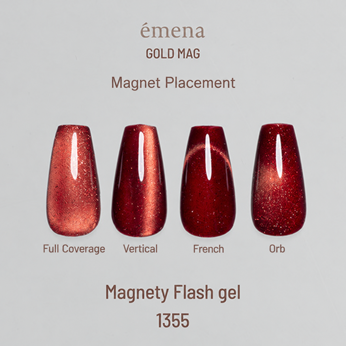emena Gold Mag magnet placement guide showing full coverage, vertical, French and orb effects with shade 1355.