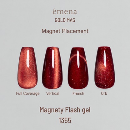emena Gold Mag magnet placement guide showing full coverage, vertical, French and orb effects with shade 1355.