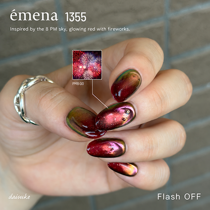 Red cat-eye nail art using emena Magnety Flash Gel 1355, inspired by an 8 PM fireworks sky.
