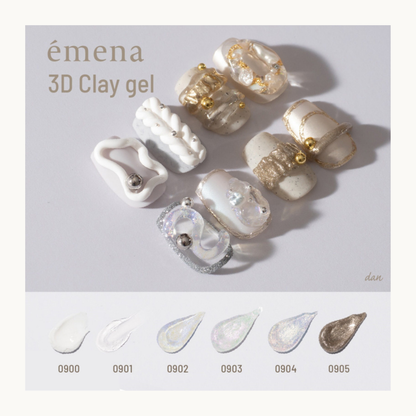 Luxury 3D nail art designs created with emena 3D Clay Gel (0900-0905). Sculpted manicure with textured, metallic, and iridescent details.