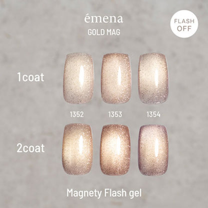emena Gold Mag shades 1352 to 1354 shown in one and two coats with flash off.