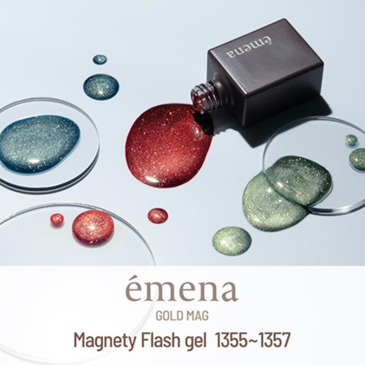 émena GOLD MAG Magnety Flash Gel collection featuring three shimmering magnetic cat eye gel polish shades in red, midnight blue and green.