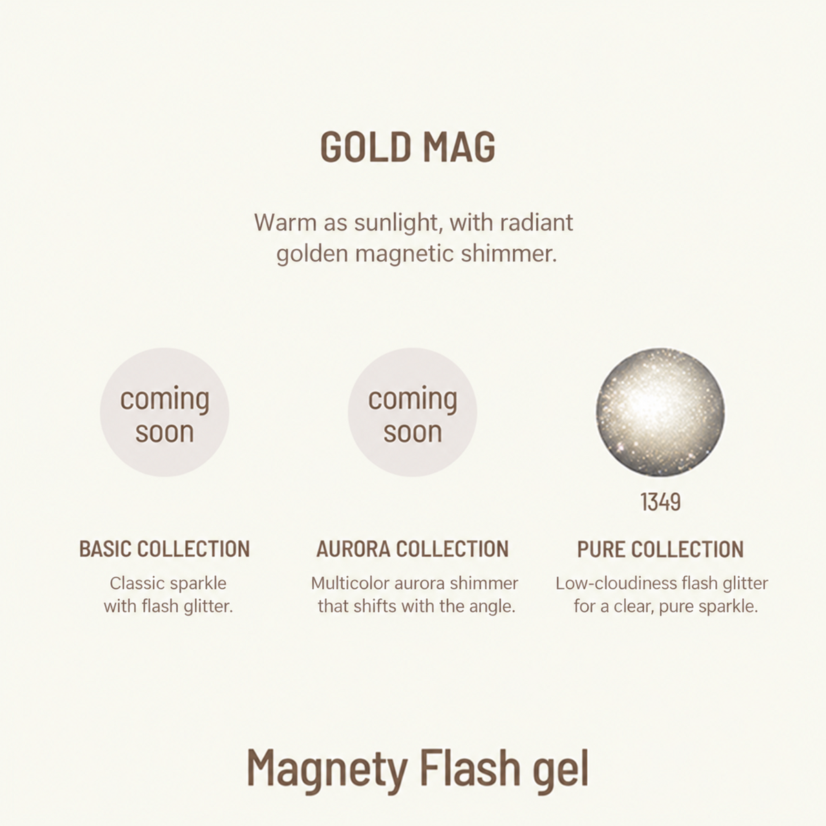 emena Gold Mag Pure Collection guide featuring luminous gold magnetic sparkle and low-cloudiness flash glitter.