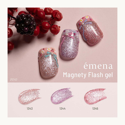 Emena Magnety Flash gel bow nail art with floral accents, featuring 1343 1344 1345 shades