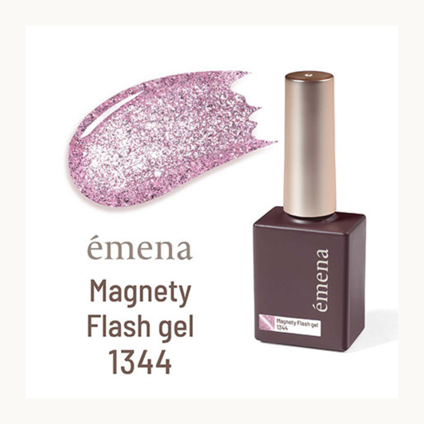Emena Magnety Flash gel 1344 lavender pink glitter cat eye gel polish bottle with swatch

