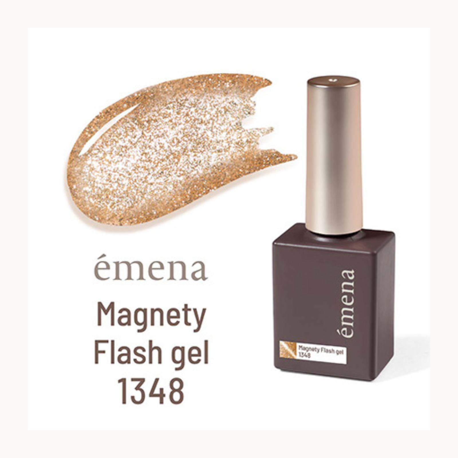 Emena Magnety Flash gel 1348 gold glitter cat eye gel polish bottle with swatch