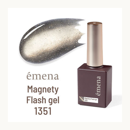 emena Magnety Flash Gel 1351 - Dark Gray Flash Shimmer Cat Eye Nail Polish, Glitter Magnetic Gel Bottle & Swatch