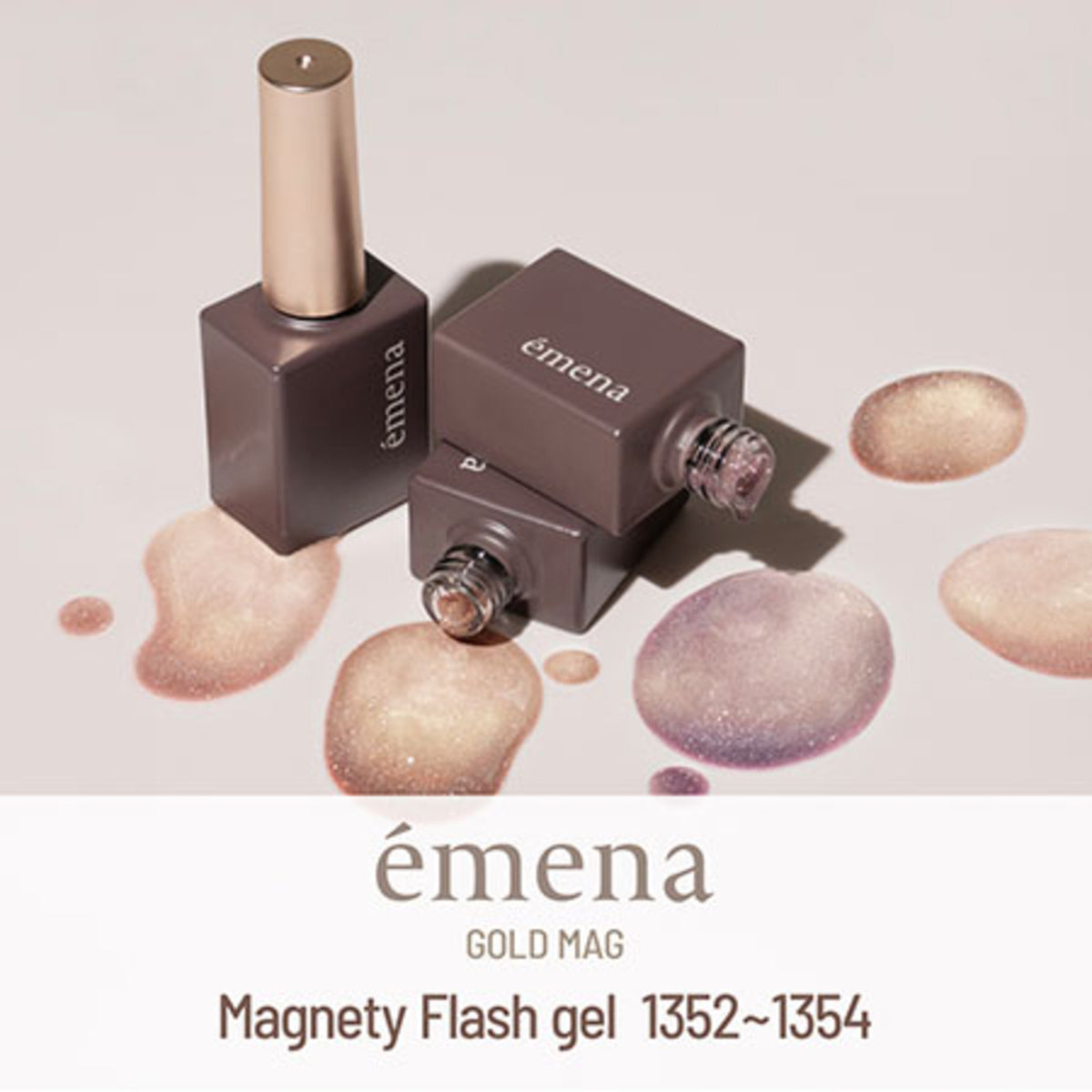 emena Magnety Flash Gel 1352 to 1354 product artwork with shell pink, peach and mauve magnetic shimmer.