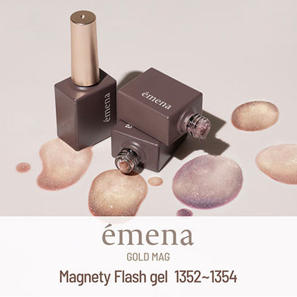 emena Magnety Flash Gel 1352 to 1354 bottles and magnetic color swatches in the Gold Mag Pure Collection.