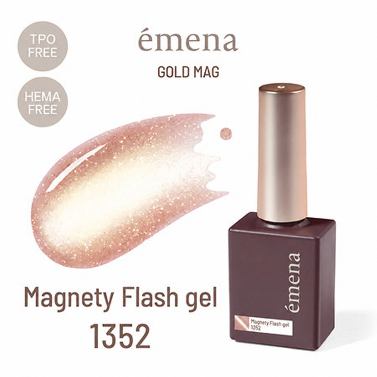 emena Magnety Flash Gel 1352 PM 7:00 shell pink magnetic flash gel with soft gold cat-eye shimmer, 8g.