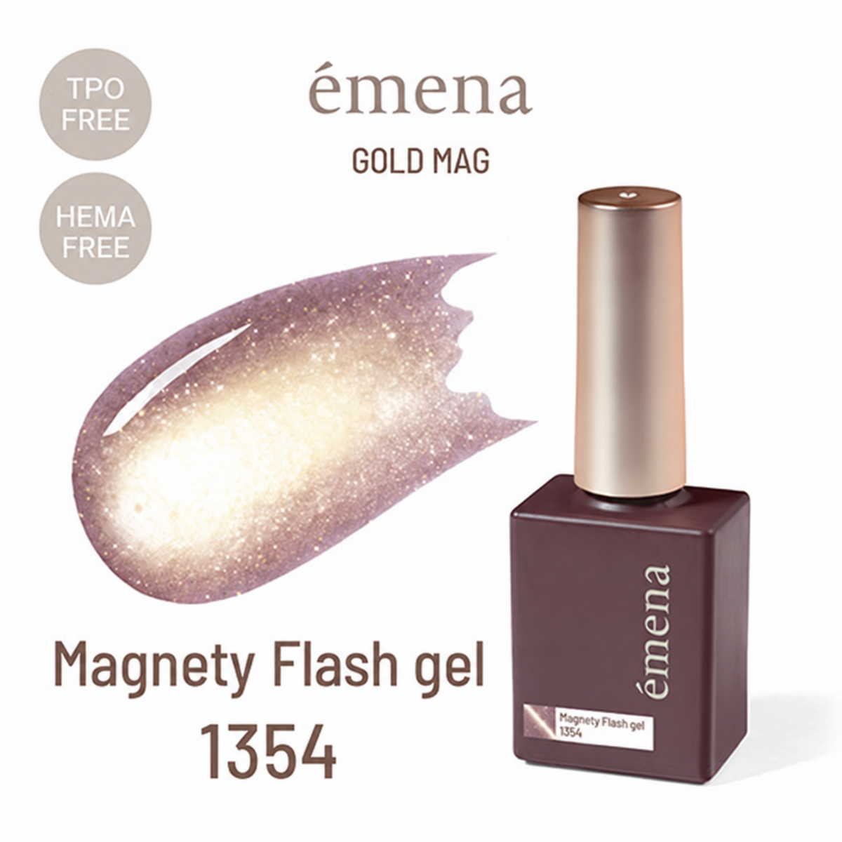 emena Magnety Flash Gel 1354 AM 5:00 dusty mauve magnetic flash gel with gold shimmer in an 8 g bottle.