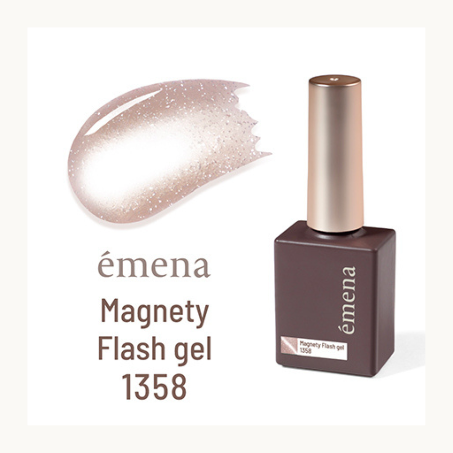 Emena Magnety Flash Gel 1358 magnetic cat eye gel with natural nude pink shimmer and reflective flash glitter.