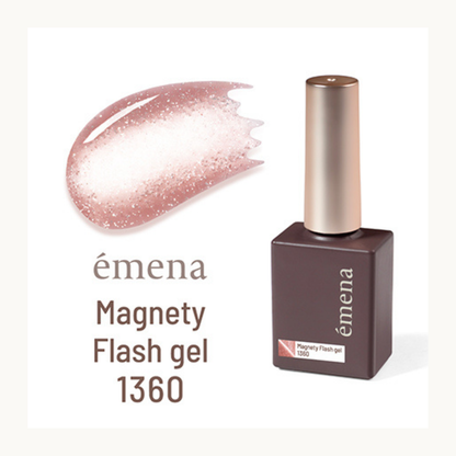 Emena Magnety Flash Gel 1360 lip gloss inspired magnetic cat eye gel with reflective flash glitter and glossy pink shimmer.