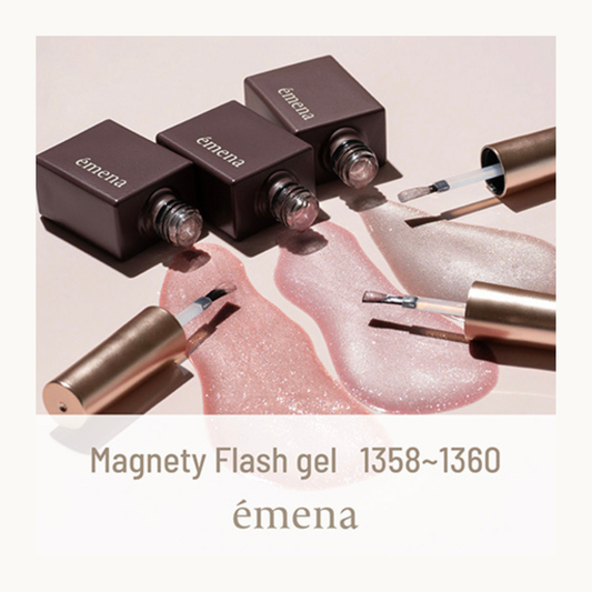 Emena Magnety Flash Gel Lip Gloss Collection featuring three glossy pink magnetic cat eye gel shades with reflective flash glitter.