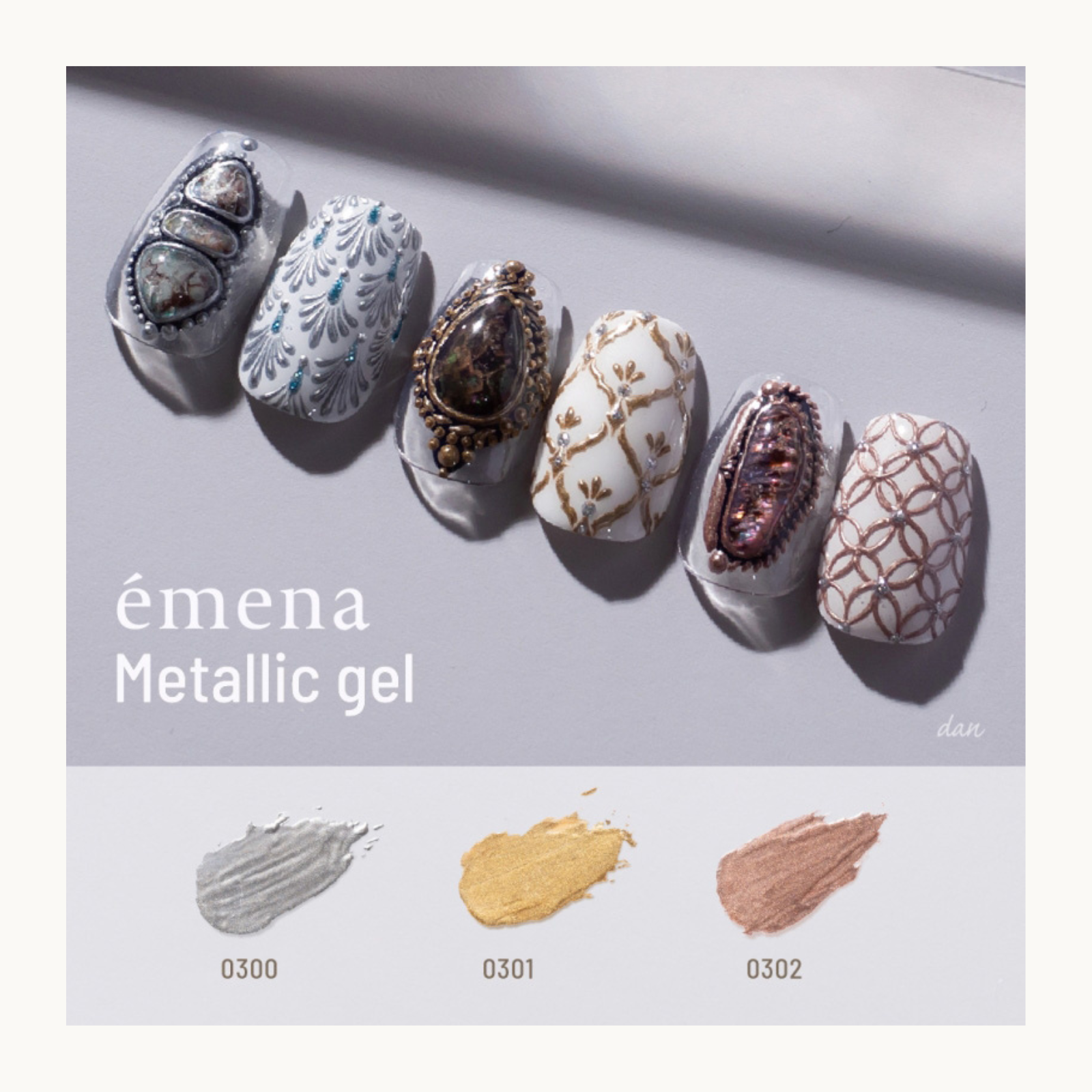 Luxury jewelry-style nail art created with emena metallic gel polish. Ornate designs with silver, gold, and rose gold accents.
