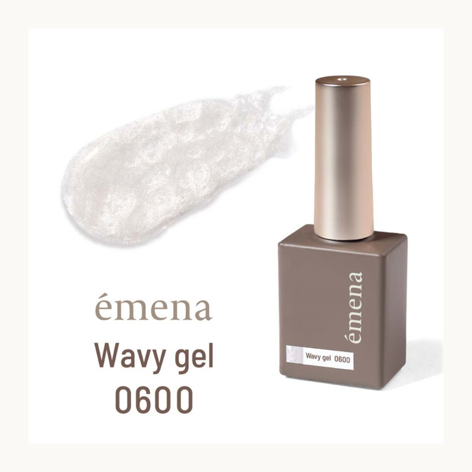 emena Wavy Gel 0600 white ivory nail polish bottle with swatch. Neutral textured wave effect gel for clean manicure.