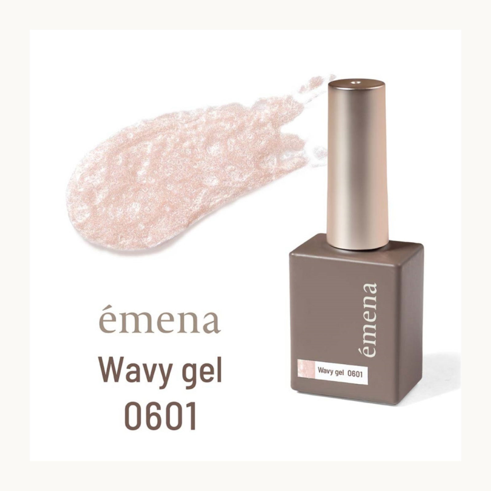 emena Wavy Gel 0601 beige pink nail polish bottle with swatch. Natural textured wave effect gel for everyday manicure.