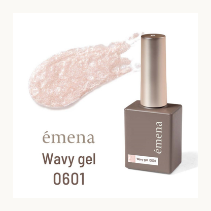 emena Wavy Gel 0601 beige pink nail polish bottle with swatch. Natural textured wave effect gel for everyday manicure.