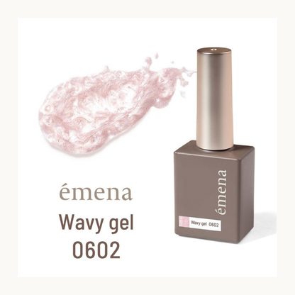 emena Wavy Gel 0602 soft pink nail polish bottle with swatch. Delicate textured wave effect gel for feminine nail art.