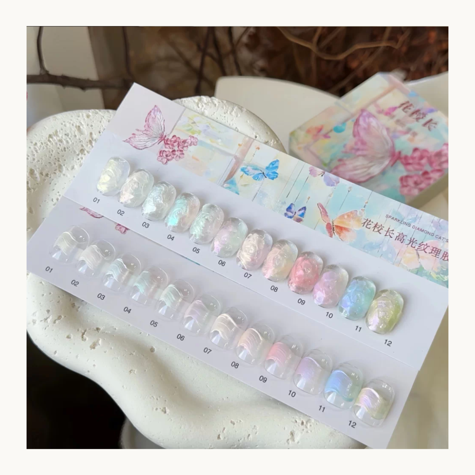 FloraMaster Aurora Purple series mirror powder, showing three shades of violet iridescent chrome pigment with a metallic high-shine finish for galaxy nail art.