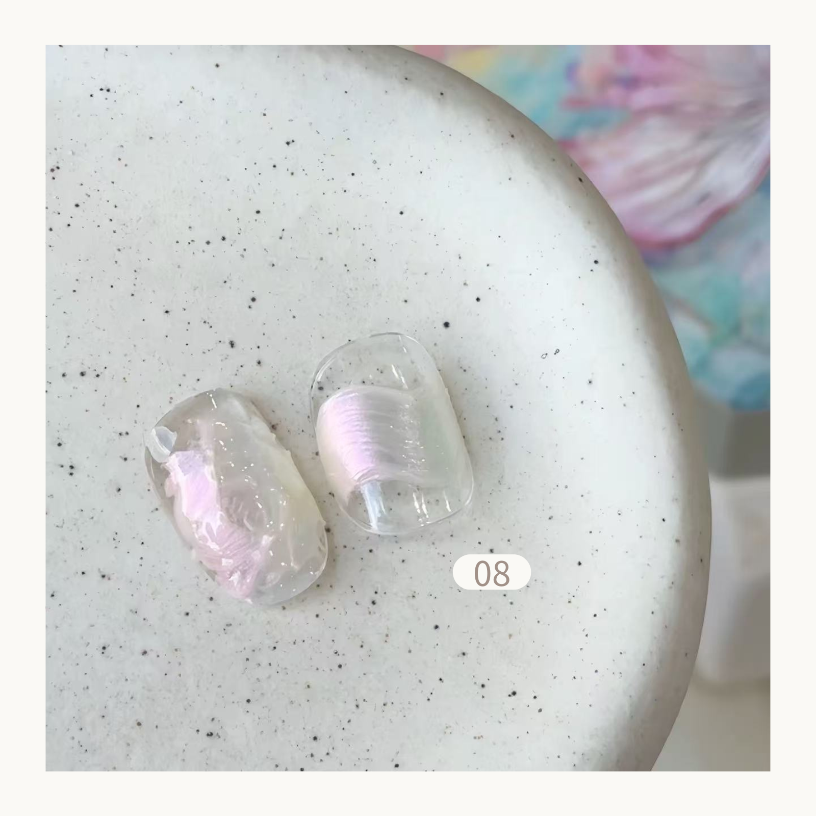 FloraMaster Pastel Pink Cream Iridescent Silk Effect Press On Nails - Clear Short Oval Transparent Nail Tips with Shimmery Pink Silk Wrap, Romantic Natural Look Nail Art