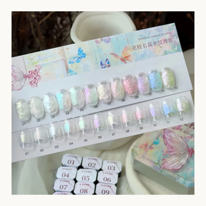 FloraMaster pearl white and mermaid green mirror powder, creating a glazed donut nail effect and translucent iridescent shimmer on nail swatches.