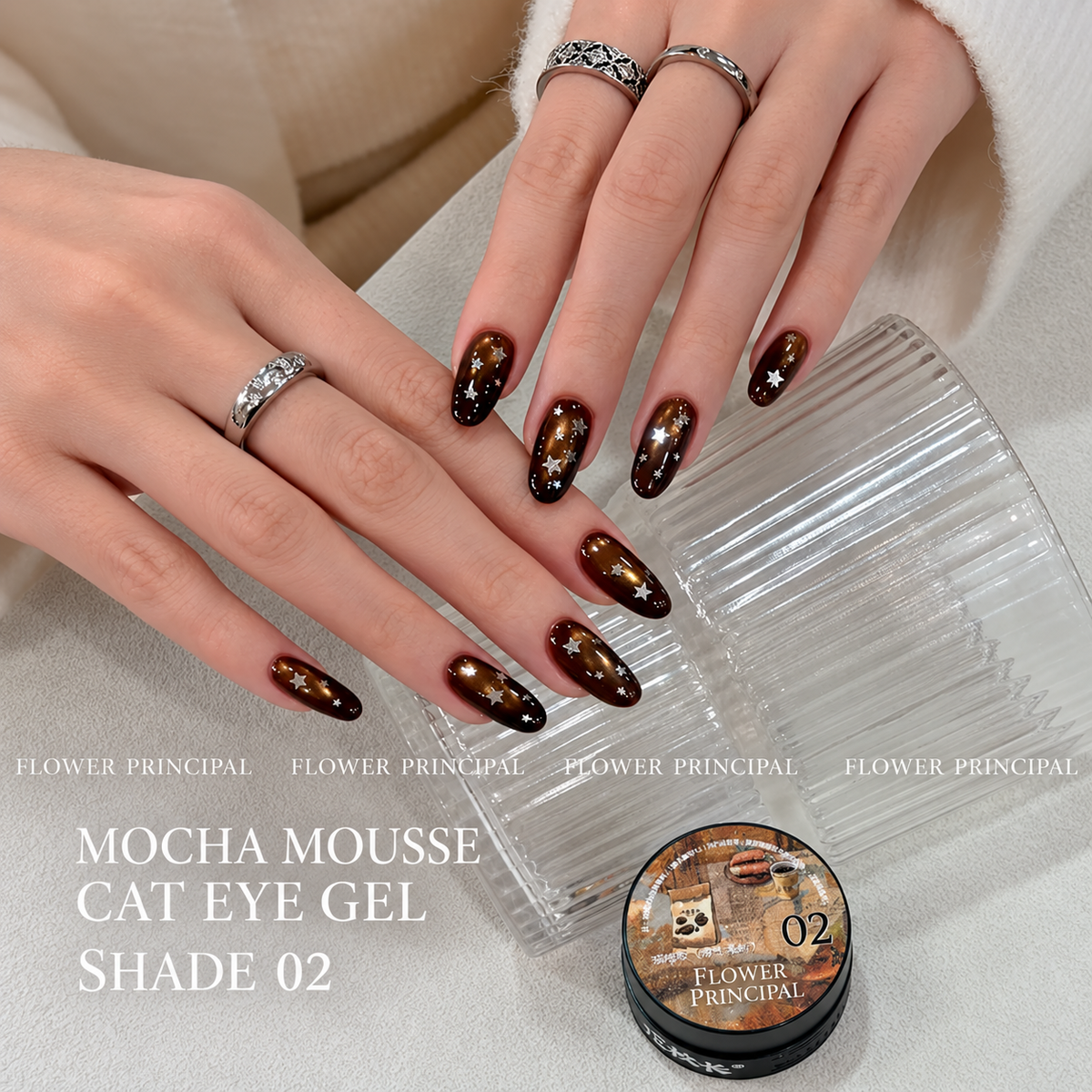 Flower Principal Mocha Mousse Cat Eye Gel Shade 02 shown on brown magnetic cat eye nails with silver celestial star nail art.