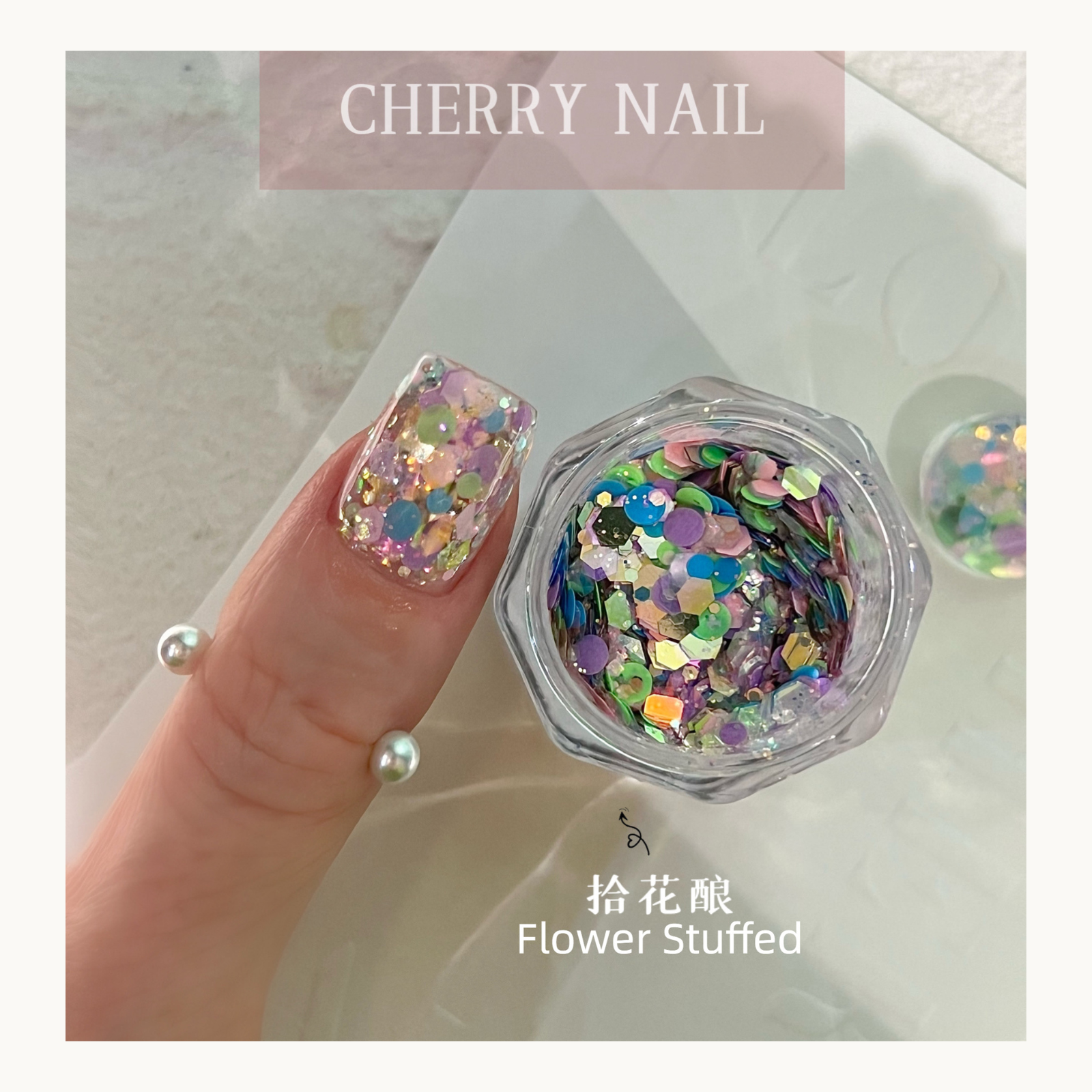 A clear pot of Flower Stuffed chunky glitter mix showing vibrant pink, green, and blue iridescent flakes next to a matching nail swatch.