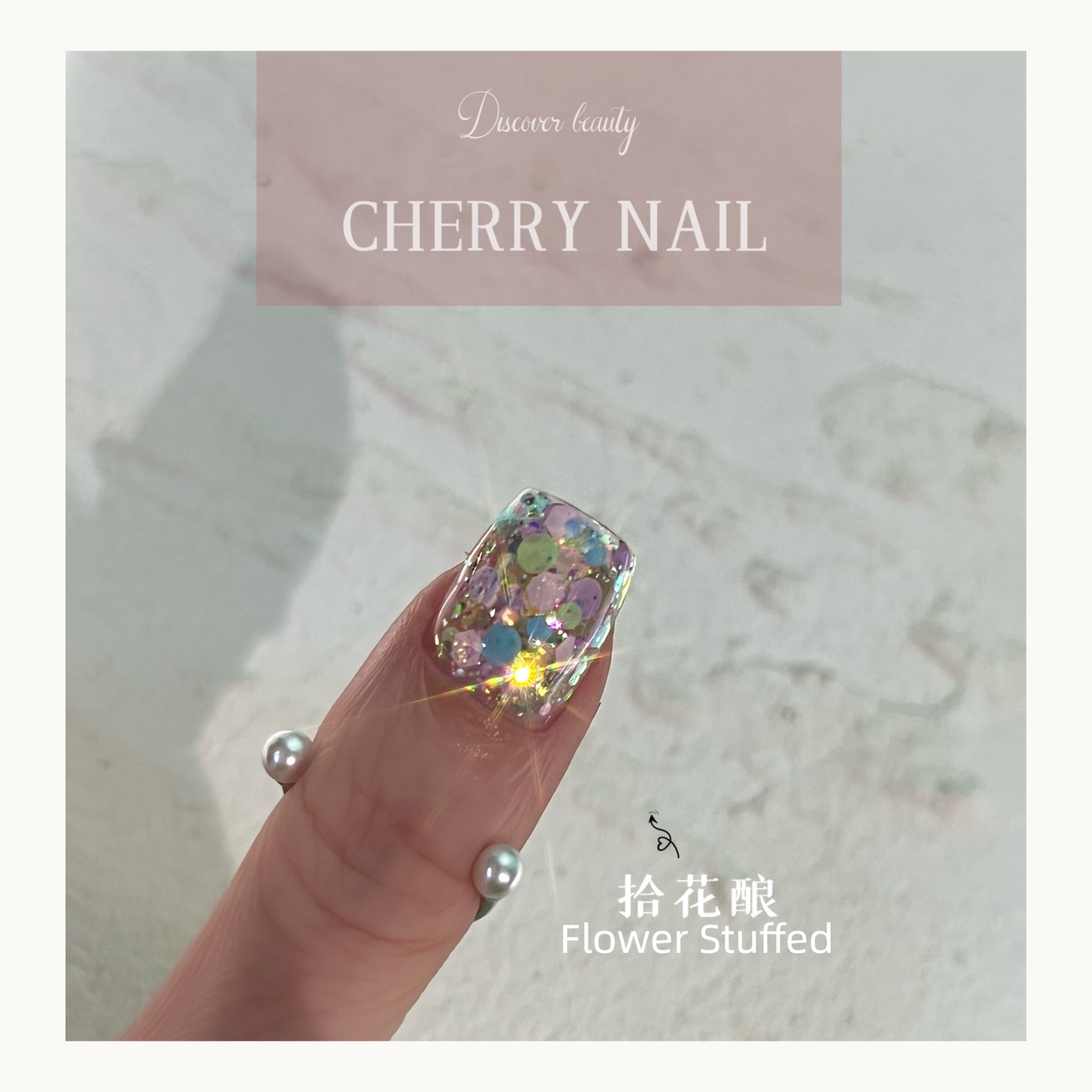 Close-up of Flower Stuffed glitter applied to a nail, featuring rainbow light reflections and multi-sized iridescent sequins.