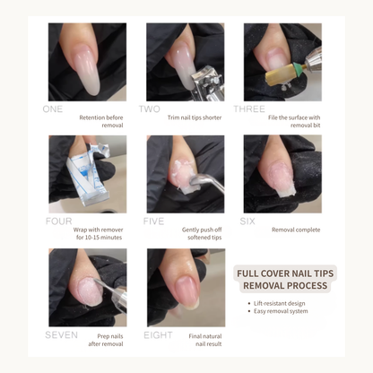 Gel-X full cover nail tips removal process with soak off and gentle push off method