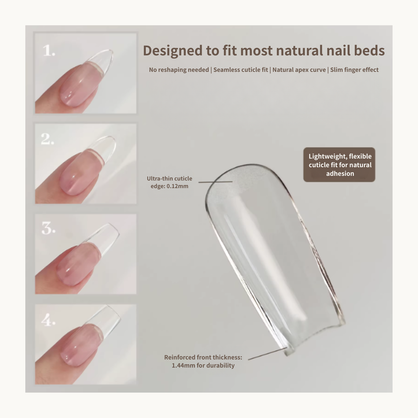 Gel-X nail tips designed to fit natural nail beds with seamless cuticle fit and sculpted apex structure