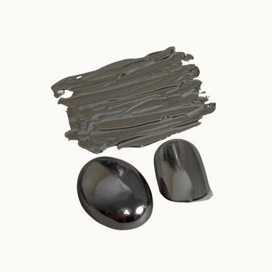 NF Select Gunmetal Gray mirror chrome powder swatch, showing a dark metallic silver finish with intense mirror-like reflections on nail models.