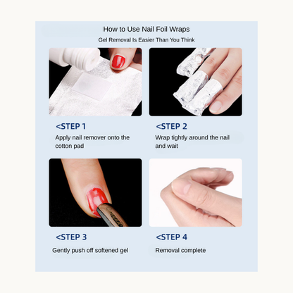 Step by step instructions showing how to use nail foil wraps for gel polish removal
