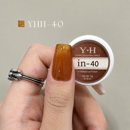 In-40 semi-transparent gel nail polish swatch in glossy translucent burnt orange amber