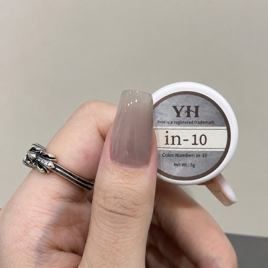 In-10 semi-transparent gel nail polish swatch in glossy sheer taupe mauve