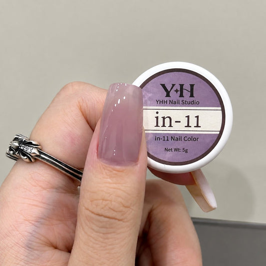 In-11 semi-transparent gel nail polish swatch in glossy dusty mauve pink
