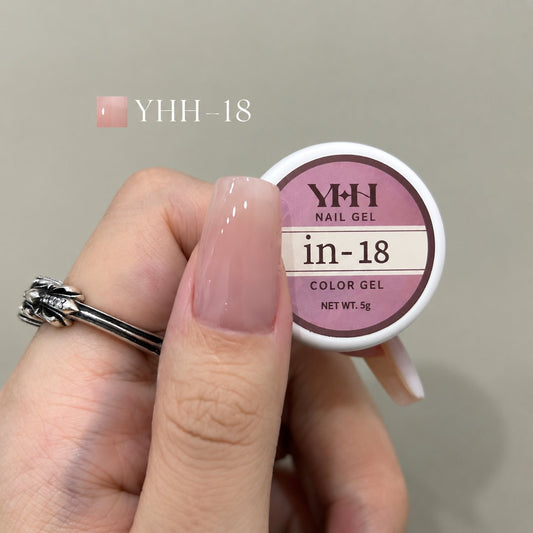 In-18 semi-transparent gel nail polish swatch in glossy sheer blush pink