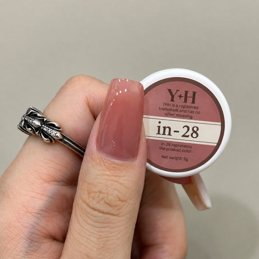 In-28 semi-transparent gel nail polish swatch in glossy dusty rose mauve