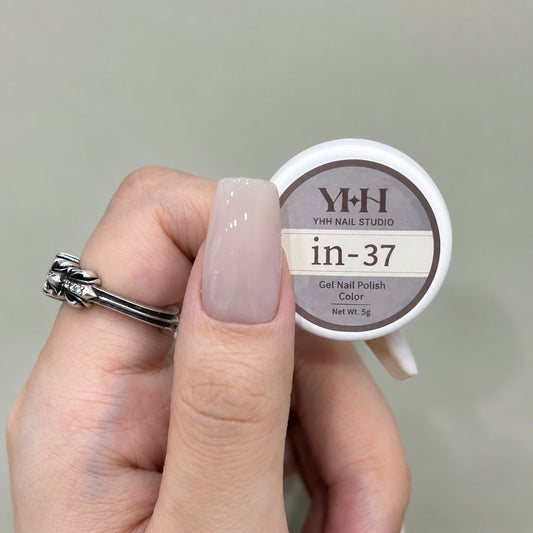 In-37 semi-transparent gel nail polish swatch in glossy translucent milky pink nude