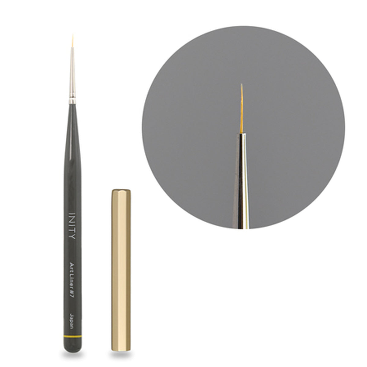 Inity Gel Brush Art Liner #7-N with fine Japanese nylon bristles and protective gold cap for detailed nail art lines.