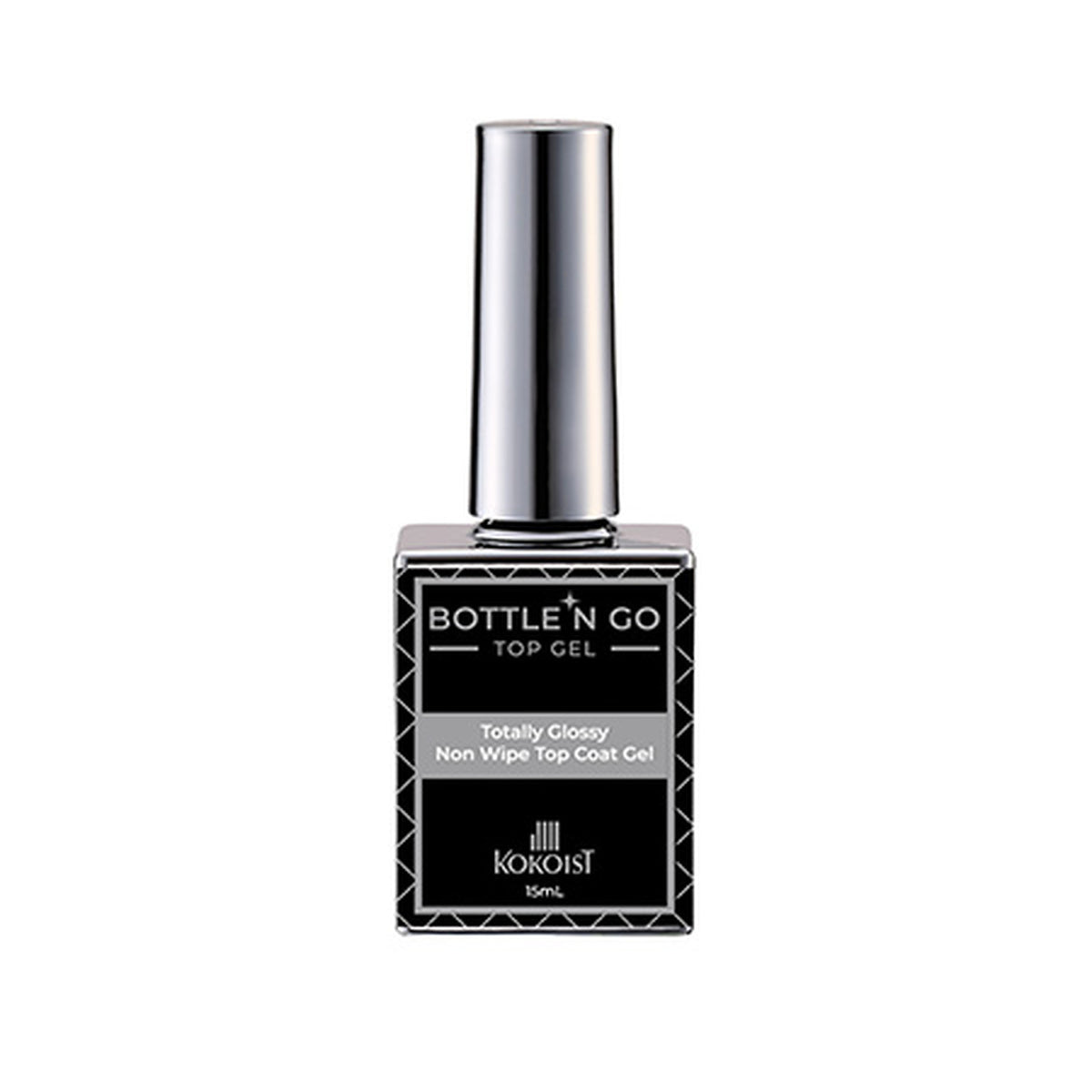 KOKOIST Ultra Glossy Non-Wipe Top Coat in a 15 ml Bottle 'N Go bottle for a durable high-shine gel manicure finish.